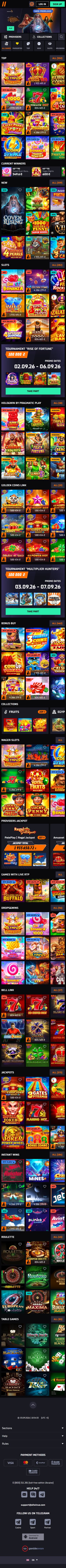 The whole Allwin casino home page in one shot: header menu, banner carousel, slot rows with counters, jackpot cards, roulette and table games, and the footer with payment methods and contacts