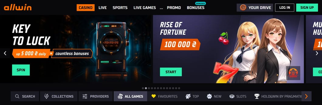 The Allwin header with the CASINO, LIVE and BONUSES section menu and the KEY TO LUCK and RISE OF FORTUNE promo banners